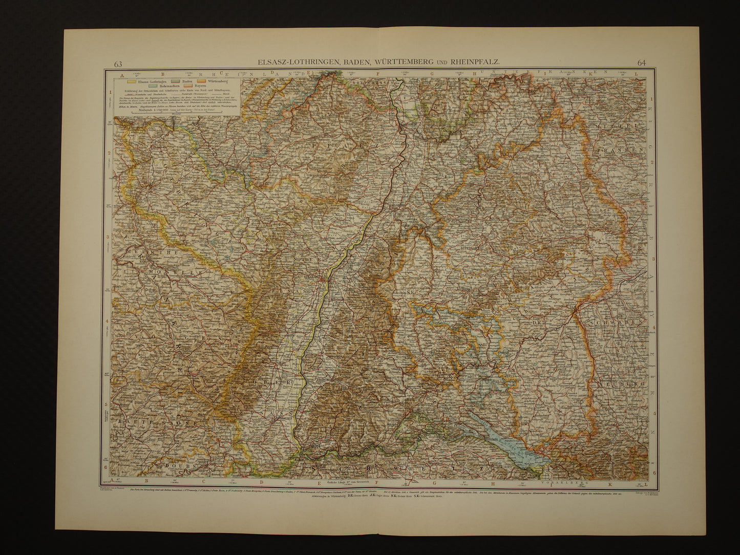 Oude kaart van Elzas Lotharingen Duitsland Gedetailleerde grote landkaart met jaartal 1910 Originele vintage kaarten Elsasz-Lothringen, Baden, Wurttemberg und Rheinpfalz