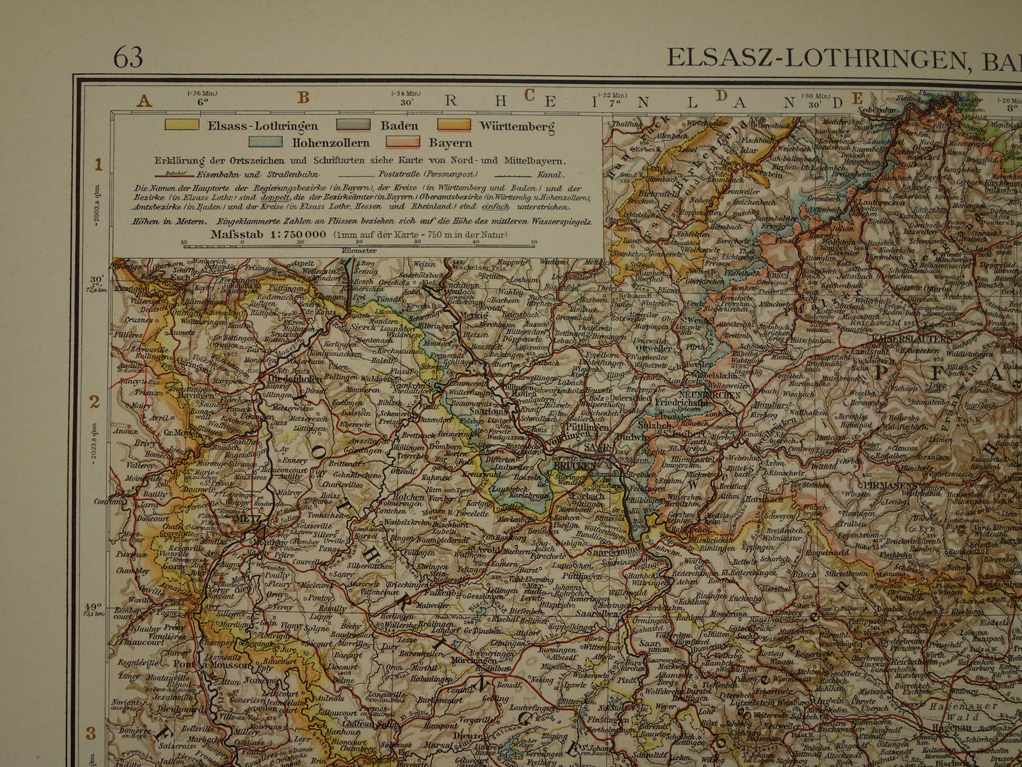 Oude kaart van Elzas Lotharingen Duitsland Gedetailleerde grote landkaart met jaartal 1910 Originele vintage kaarten Elsasz-Lothringen, Baden, Wurttemberg und Rheinpfalz