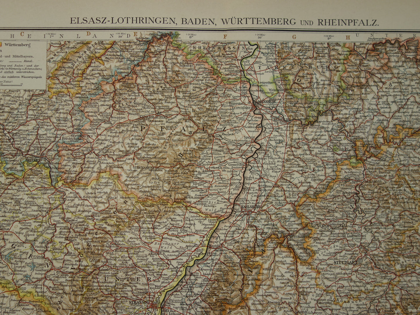 Oude kaart van Elzas Lotharingen Duitsland Gedetailleerde grote landkaart met jaartal 1910 Originele vintage kaarten Elsasz-Lothringen, Baden, Wurttemberg und Rheinpfalz