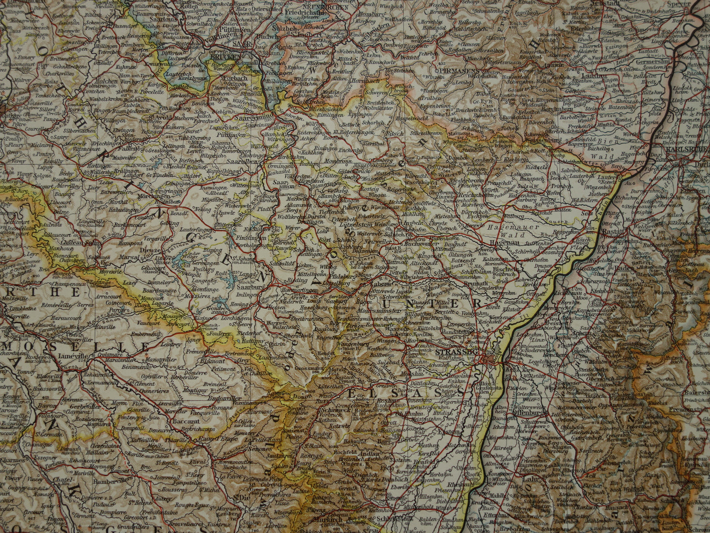 Oude kaart van Elzas Lotharingen Duitsland Gedetailleerde grote landkaart met jaartal 1910 Originele vintage kaarten Elsasz-Lothringen, Baden, Wurttemberg und Rheinpfalz