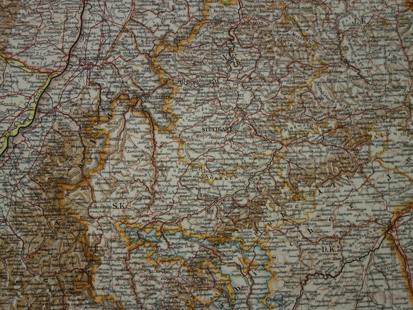 Oude kaart van Elzas Lotharingen Duitsland Gedetailleerde grote landkaart met jaartal 1910 Originele vintage kaarten Elsasz-Lothringen, Baden, Wurttemberg und Rheinpfalz