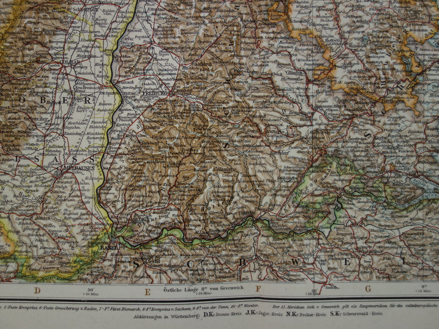 Oude kaart van Elzas Lotharingen Duitsland Gedetailleerde grote landkaart met jaartal 1910 Originele vintage kaarten Elsasz-Lothringen, Baden, Wurttemberg und Rheinpfalz