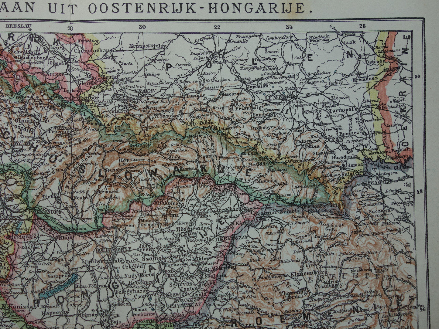 Oude kaart van de Balkan met Tsjechoslowakije Joegoslavië Hongarije Originele antieke Nederlandse landkaart van voormalig Oostenrijk-Hongarije uit 1921 vintage historische kaarten