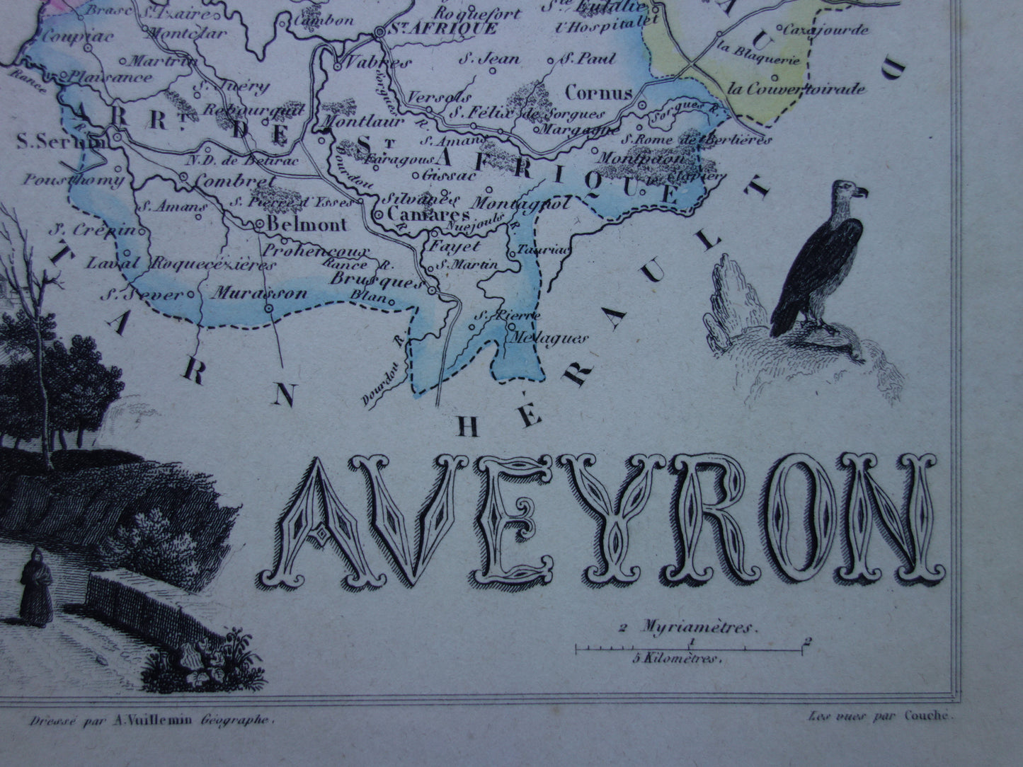AVEYRON departement Frankrijk oude kaart 1856 originele antieke landkaart Rodez historische kaarten