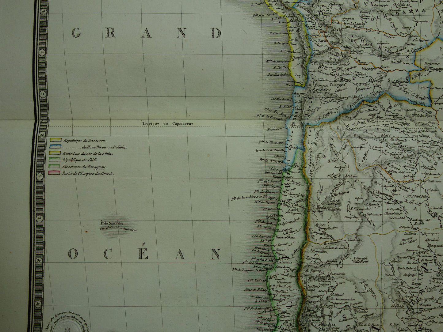 Zuid-Amerika grote oude Franse kaart van Peru Bolivia Argentinië Paraguay originele antieke handgekleurde landkaart