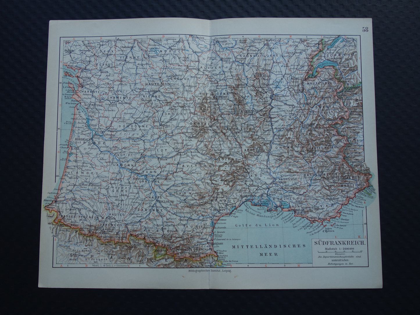 FRANKRIJK oude kaart van Zuid-Frankrijk 1905 originele antieke Duitse landkaart