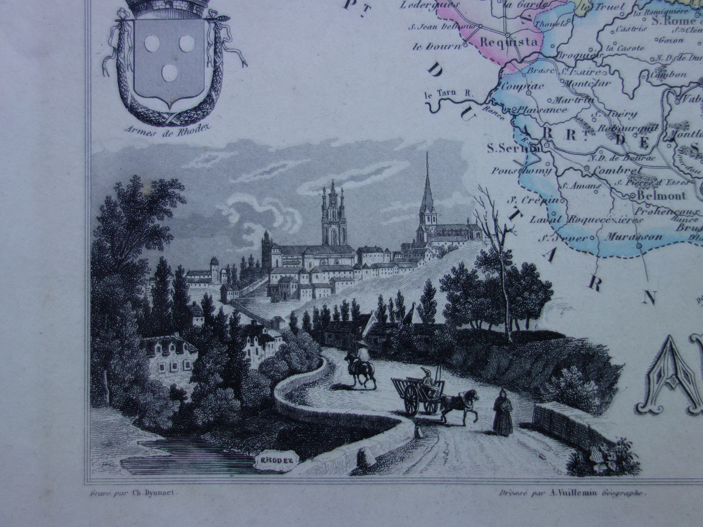 AVEYRON departement Frankrijk oude kaart 1856 originele antieke landkaart Rodez historische kaarten