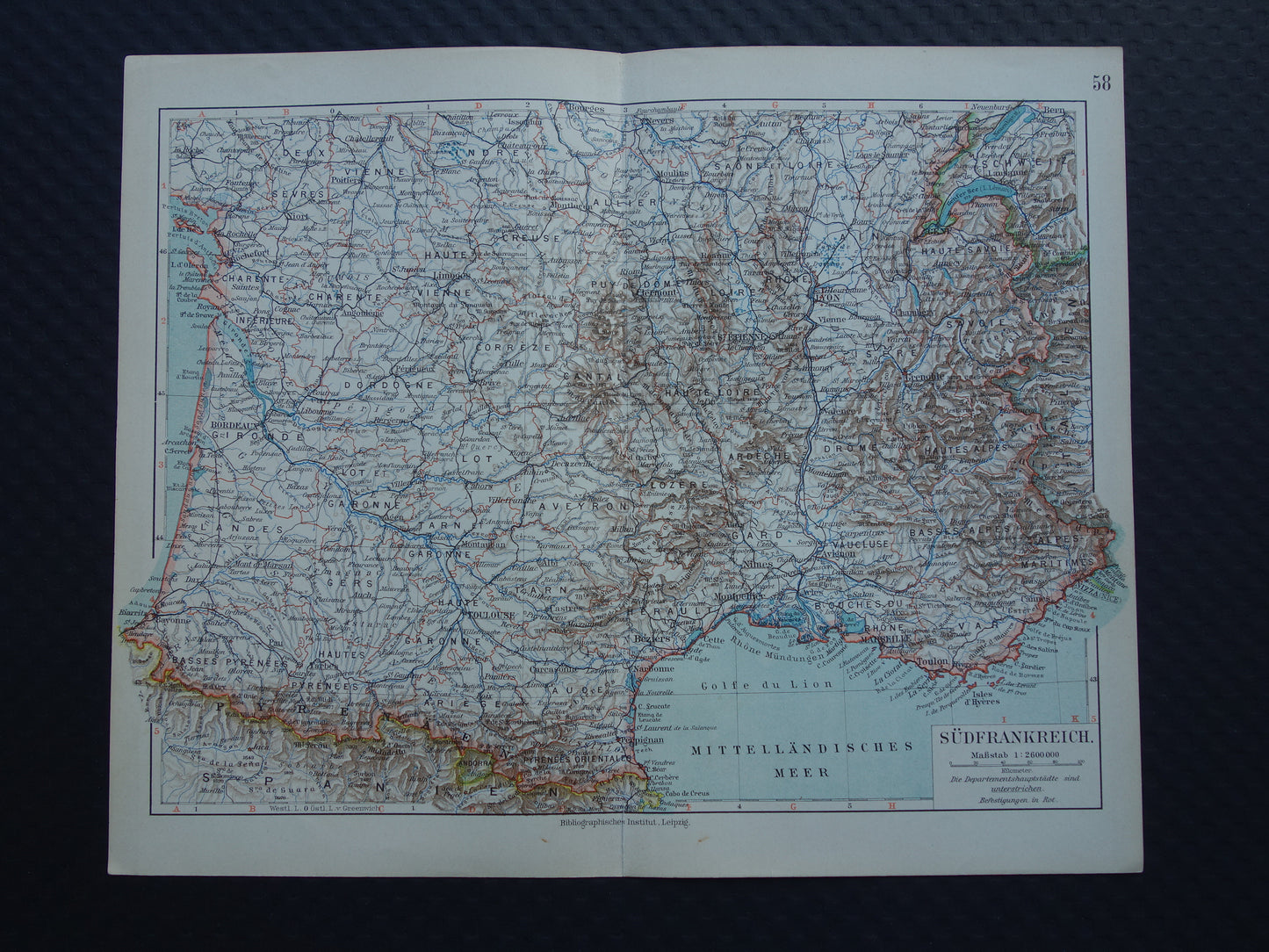 FRANKRIJK oude kaart van Zuid-Frankrijk 1905 originele antieke Duitse landkaart