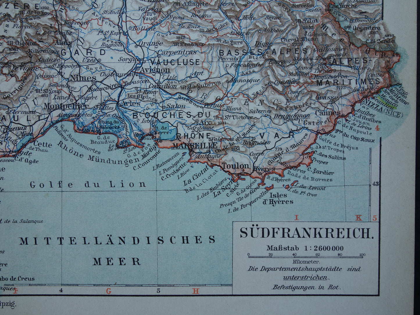 FRANKRIJK oude kaart van Zuid-Frankrijk 1905 originele antieke Duitse landkaart
