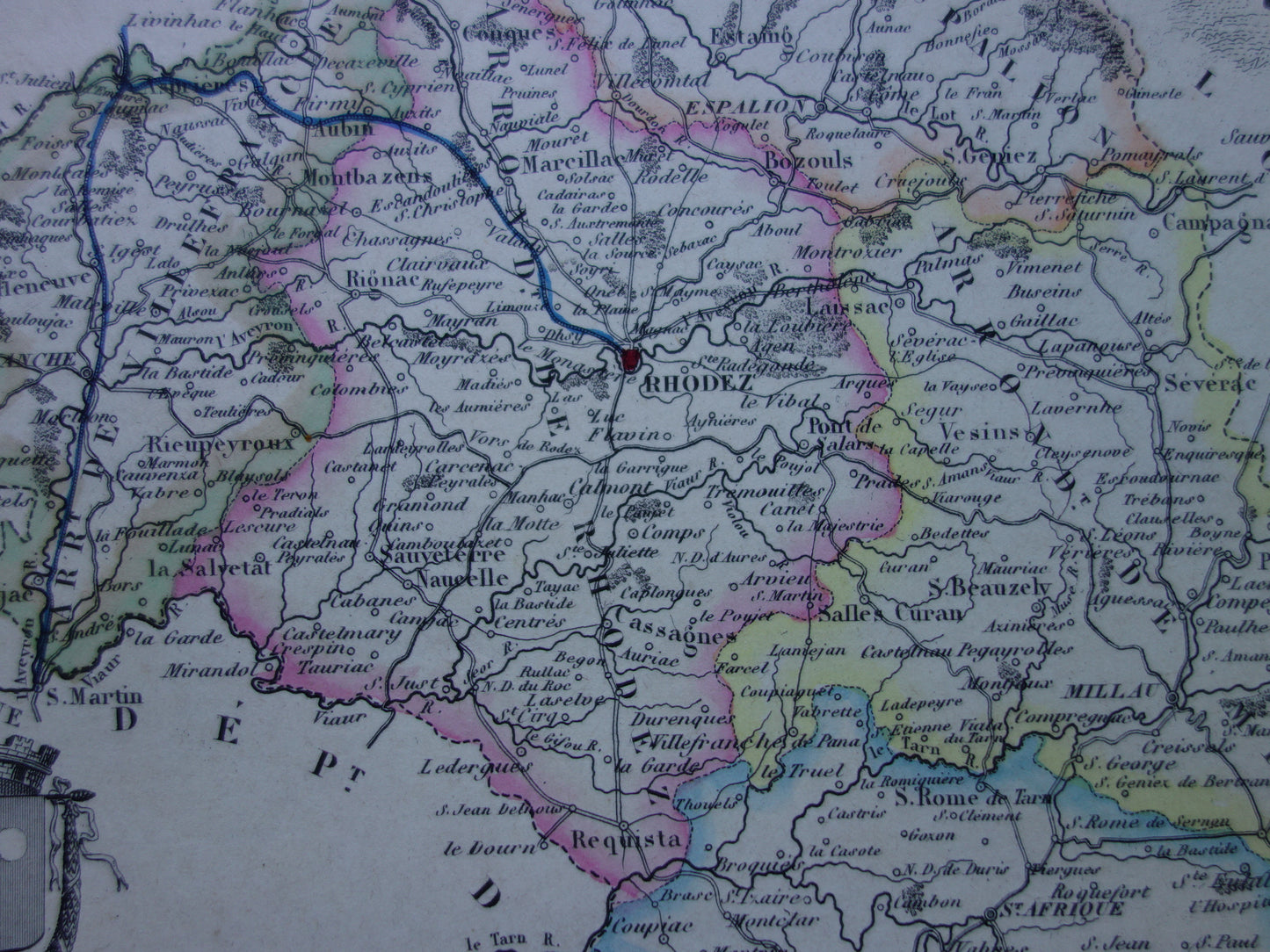 AVEYRON departement Frankrijk oude kaart 1856 originele antieke landkaart Rodez historische kaarten