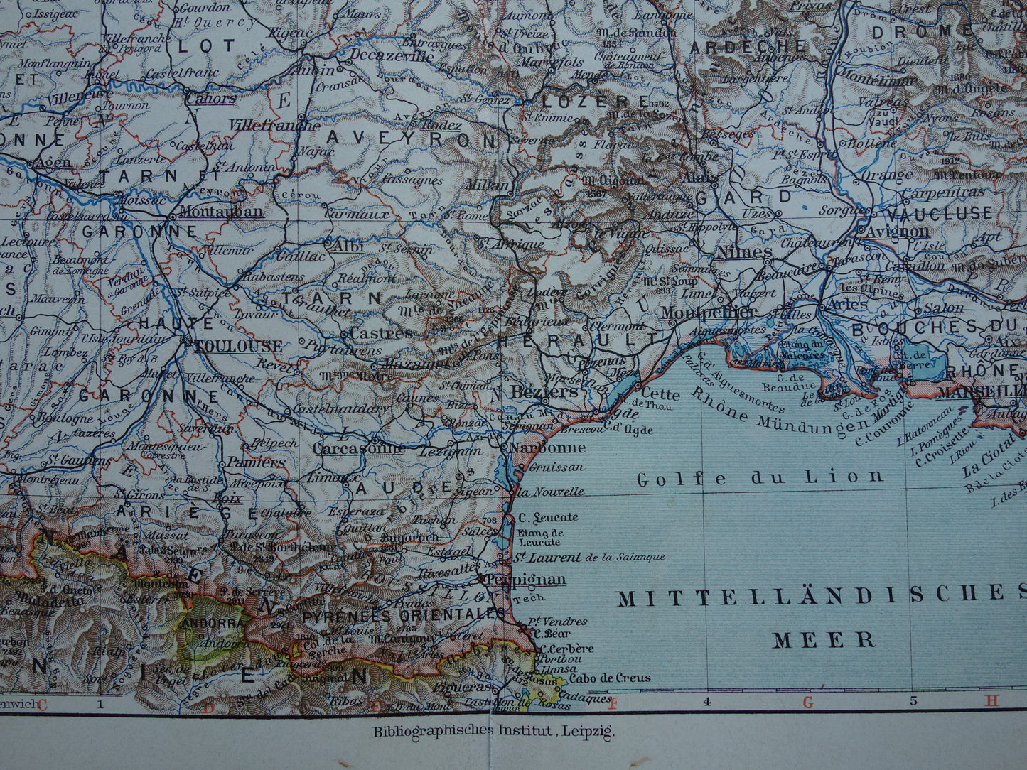FRANKRIJK oude kaart van Zuid-Frankrijk 1905 originele antieke Duitse landkaart