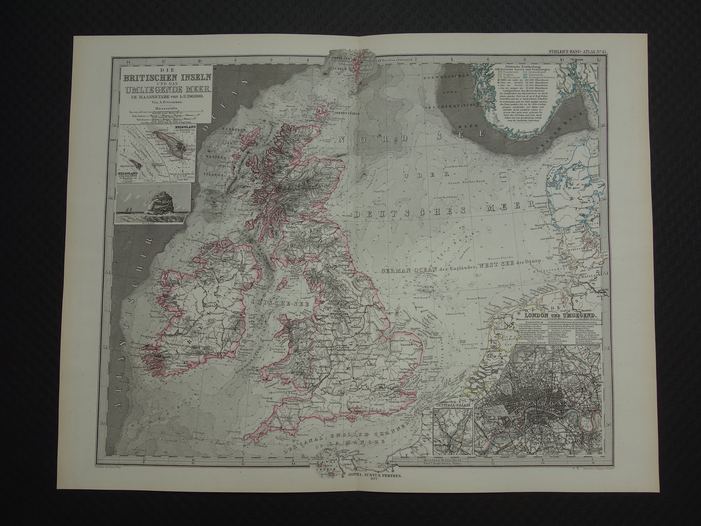 NOORDZEE Oude kaart van Britse eilanden Nederland 1877 originele oude antieke Duitse landkaart / zeekaart Engeland