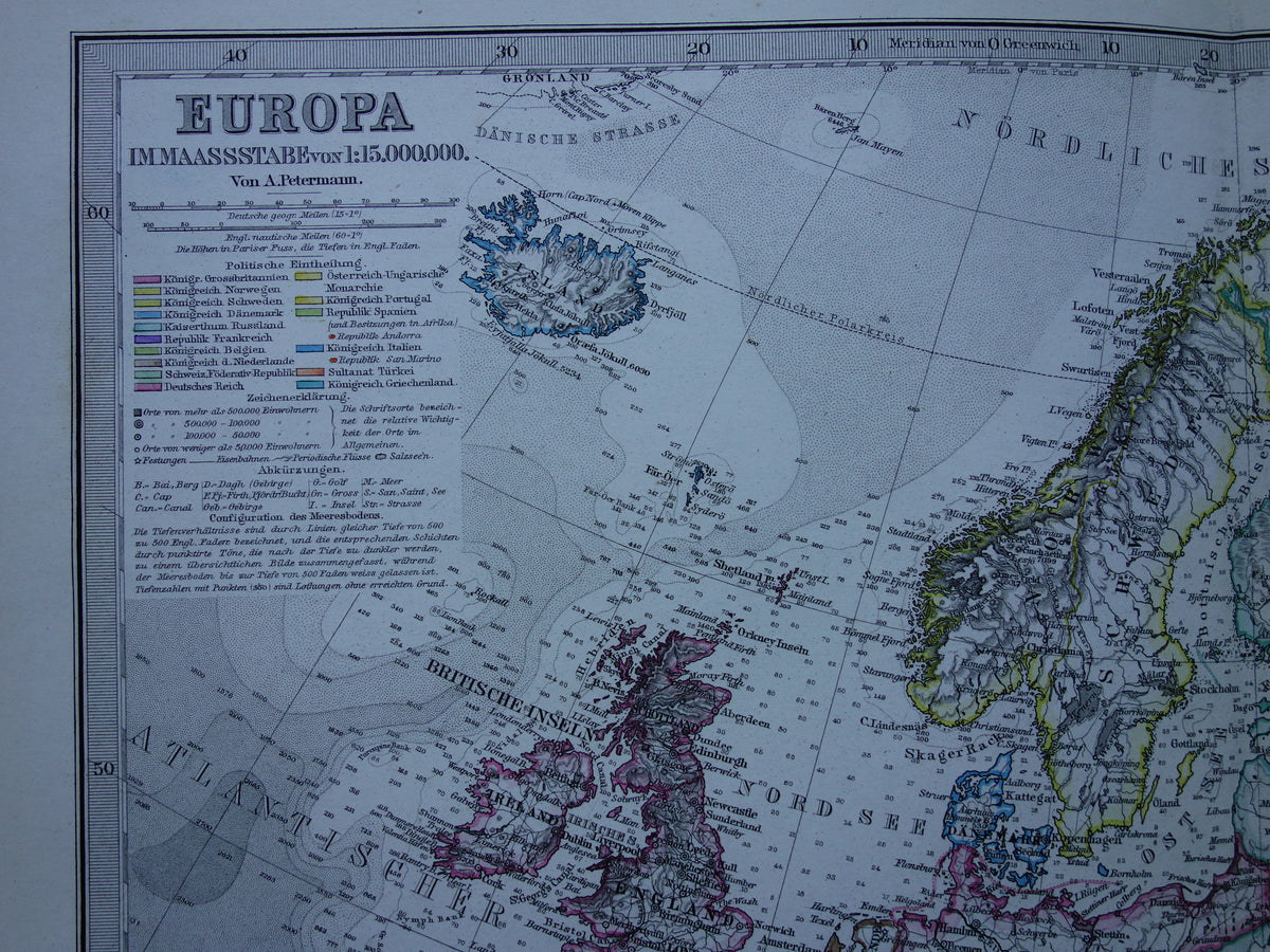 EUROPA oude landkaart van Europa uit 1876 originele antieke Duitse kaart van continent Europa