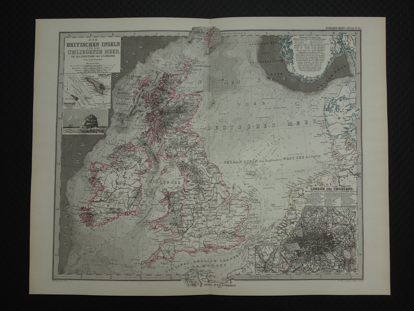 NOORDZEE Oude kaart van Britse eilanden Nederland 1877 originele oude antieke Duitse landkaart / zeekaart Engeland