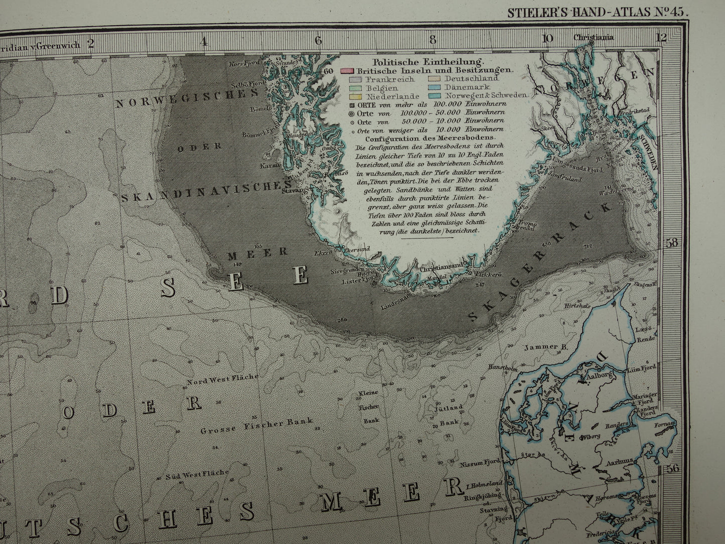 NOORDZEE Oude kaart van Britse eilanden Nederland 1877 originele oude antieke Duitse landkaart / zeekaart Engeland
