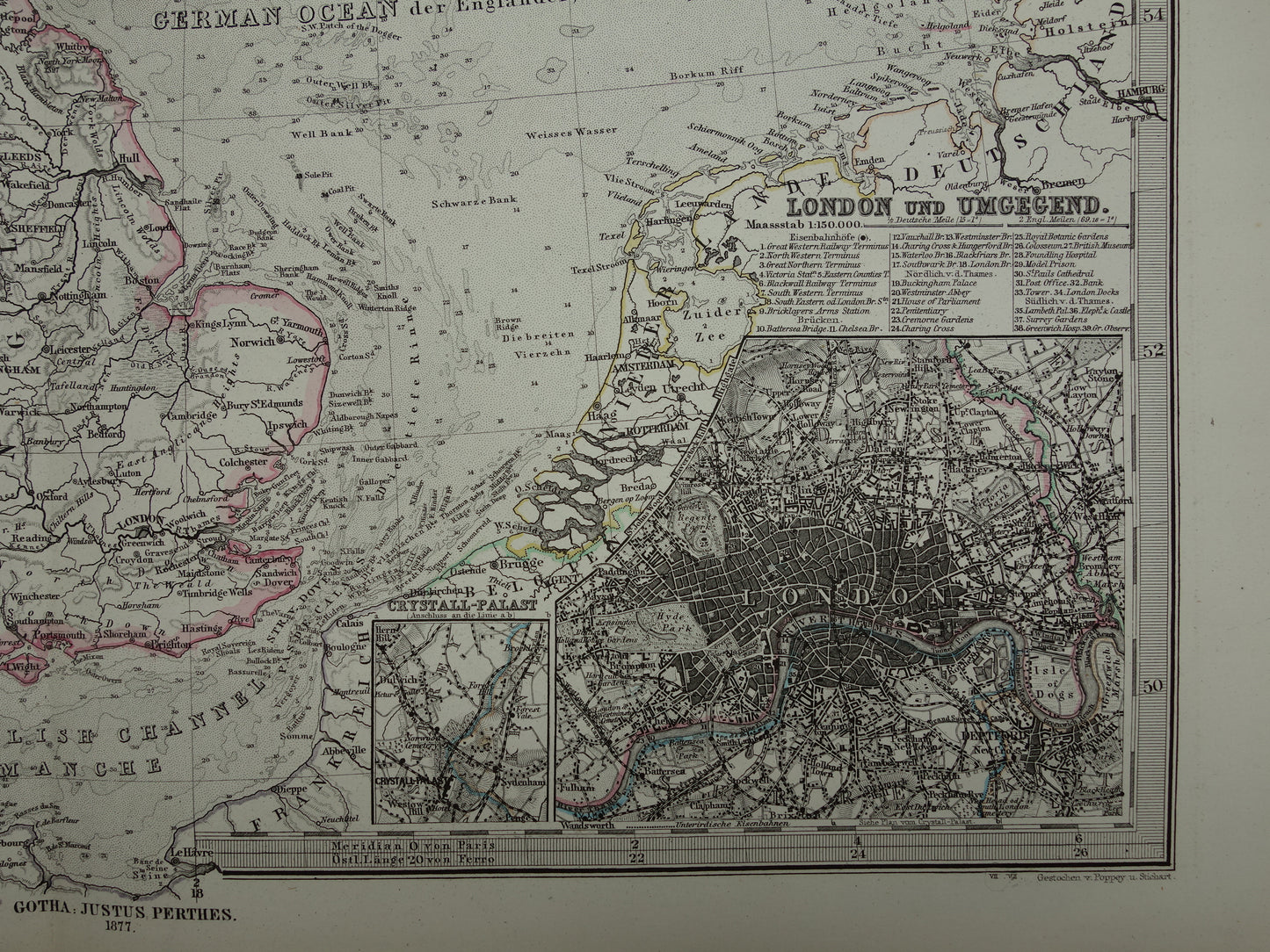 NOORDZEE Oude kaart van Britse eilanden Nederland 1877 originele oude antieke Duitse landkaart / zeekaart Engeland