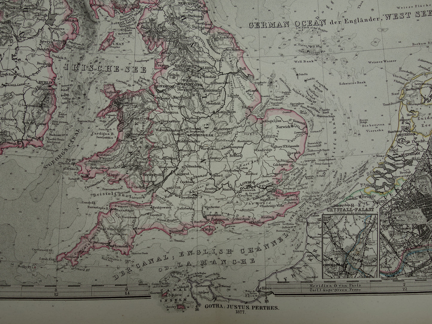 NOORDZEE Oude kaart van Britse eilanden Nederland 1877 originele oude antieke Duitse landkaart / zeekaart Engeland