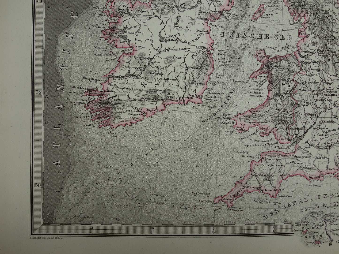 NOORDZEE Oude kaart van Britse eilanden Nederland 1877 originele oude antieke Duitse landkaart / zeekaart Engeland