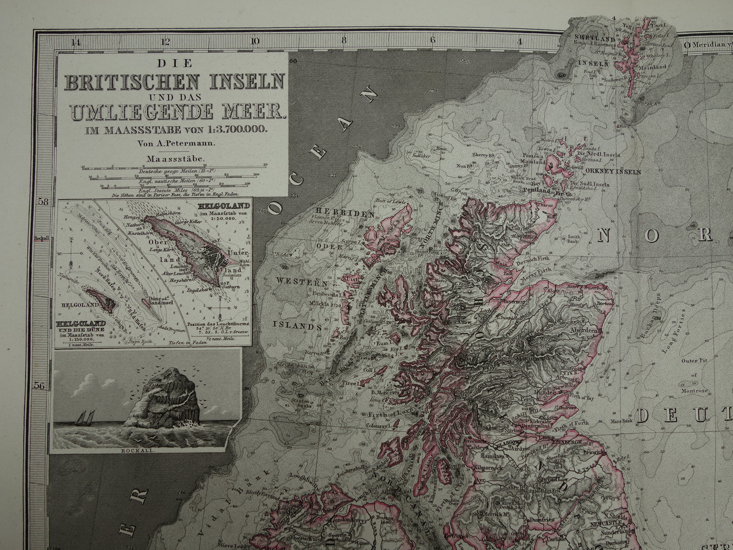 NOORDZEE Oude kaart van Britse eilanden Nederland 1877 originele oude antieke Duitse landkaart / zeekaart Engeland