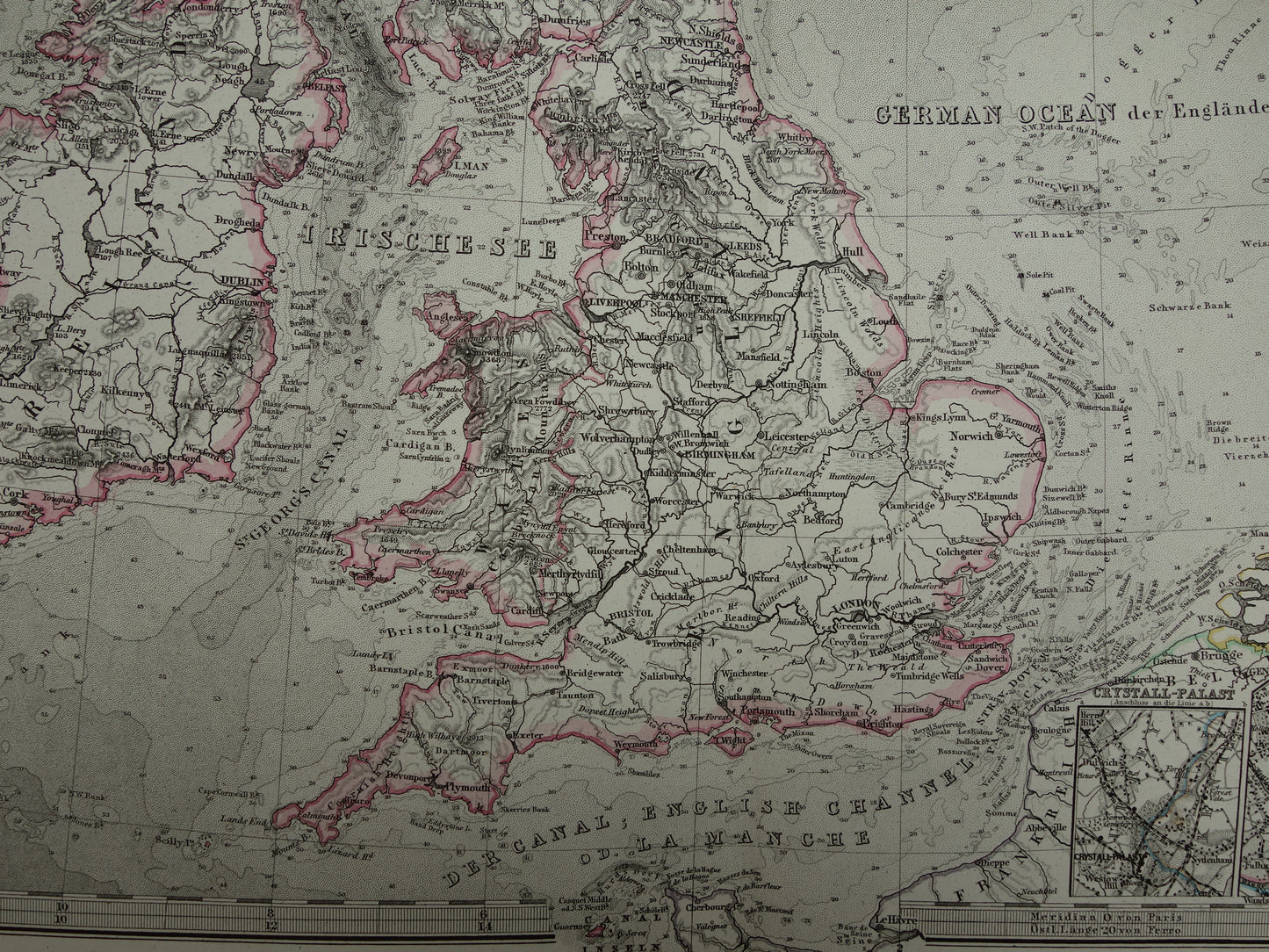 NOORDZEE Oude kaart van Britse eilanden Nederland 1877 originele oude antieke Duitse landkaart / zeekaart Engeland