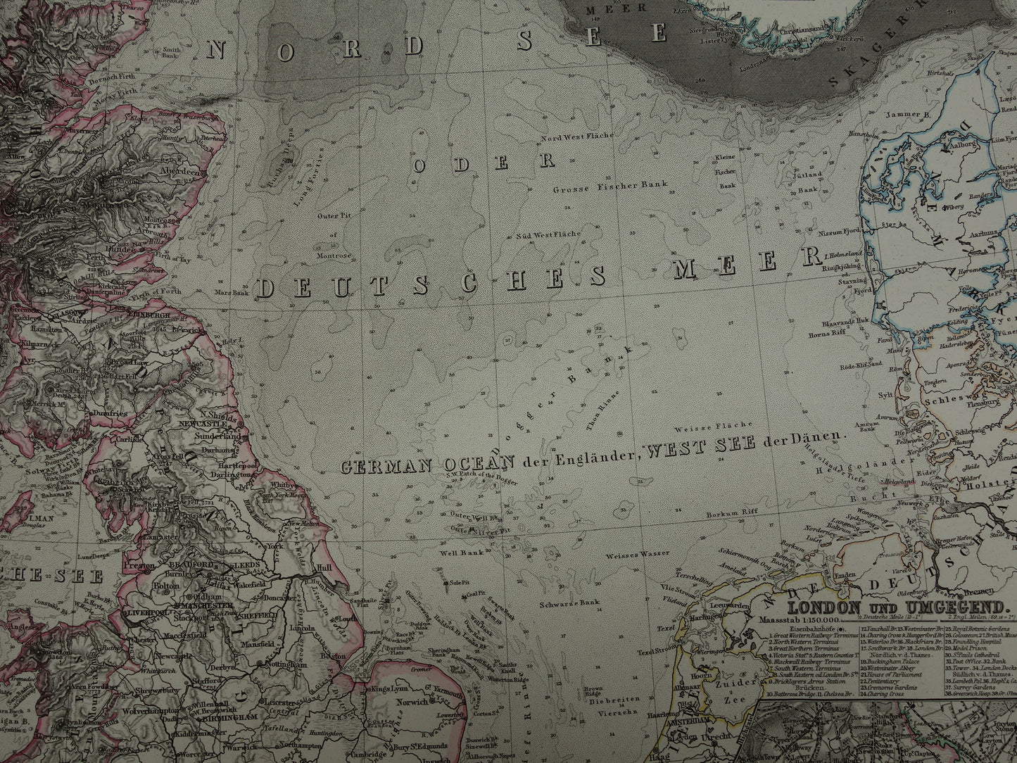 NOORDZEE Oude kaart van Britse eilanden Nederland 1877 originele oude antieke Duitse landkaart / zeekaart Engeland