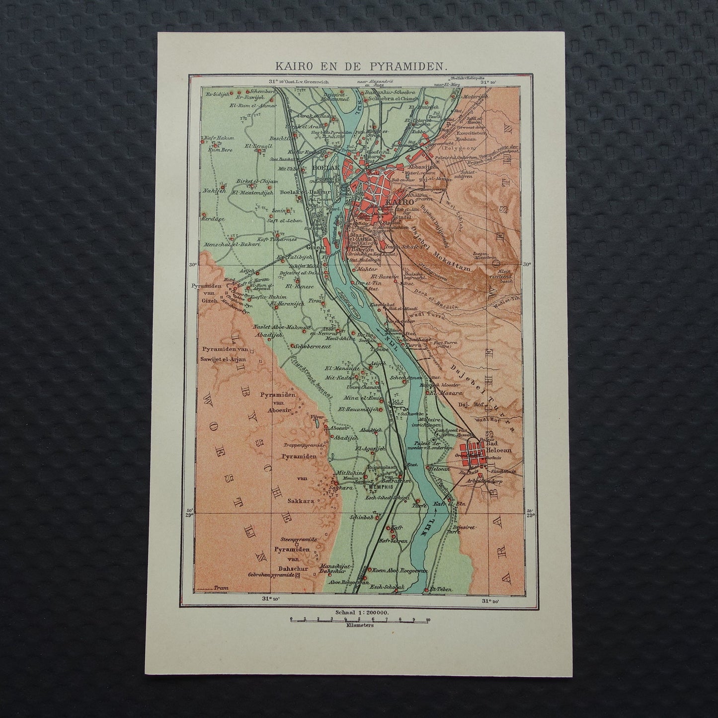 Oude kaart van Caïro Egypte uit 1909 antieke Nederlandse plattegrond van Cairo en de pyramiden