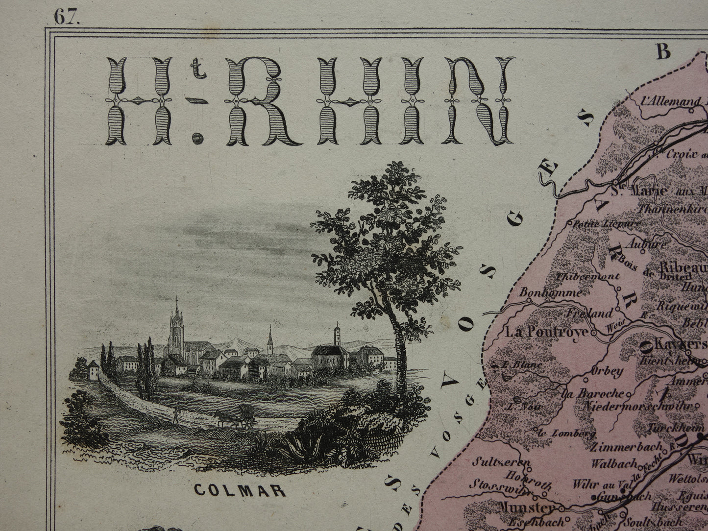 Haut-Rhin Frankrijk Oude kaart uit 1870 originele antieke handgekleurde landkaart Colmar