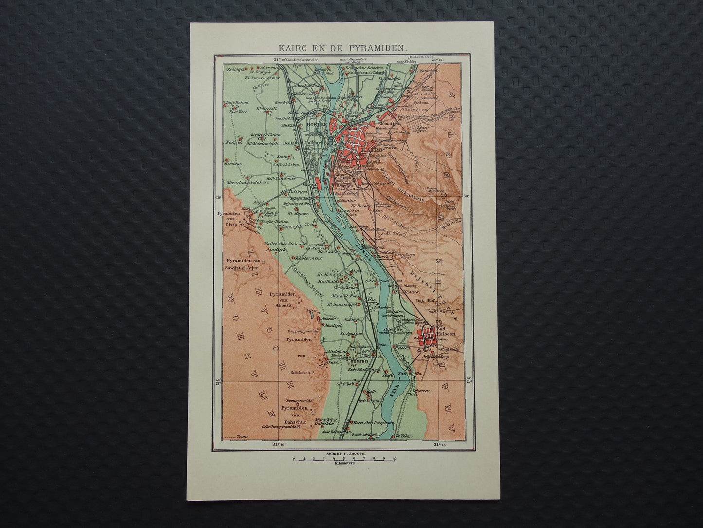 Oude kaart van Caïro Egypte uit 1909 antieke Nederlandse plattegrond van Cairo en de pyramiden