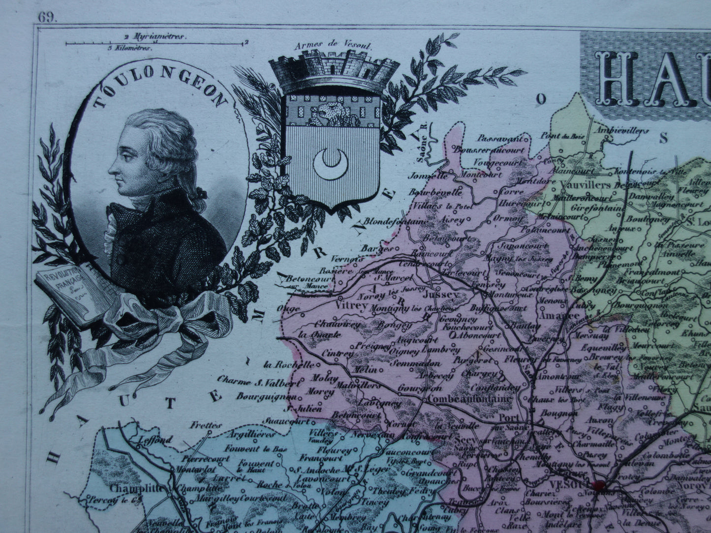 Haute-Saône departement Frankrijk oude kaart 1872 originele antieke landkaart Vesoul