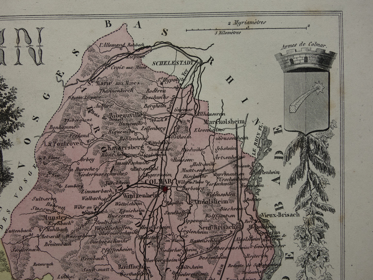 Haut-Rhin Frankrijk Oude kaart uit 1870 originele antieke handgekleurde landkaart Colmar