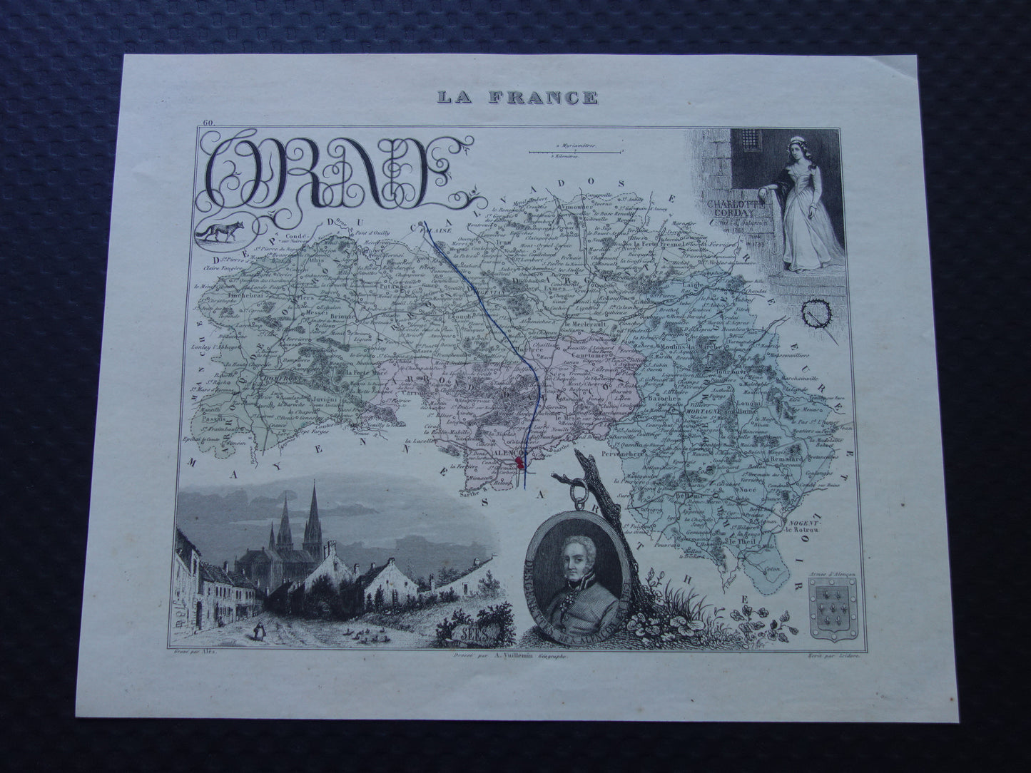Oude kaart van ORNE departement in Frankrijk uit 1870 originele antieke handgekleurde landkaart Alençon Fiers Argentan Sees