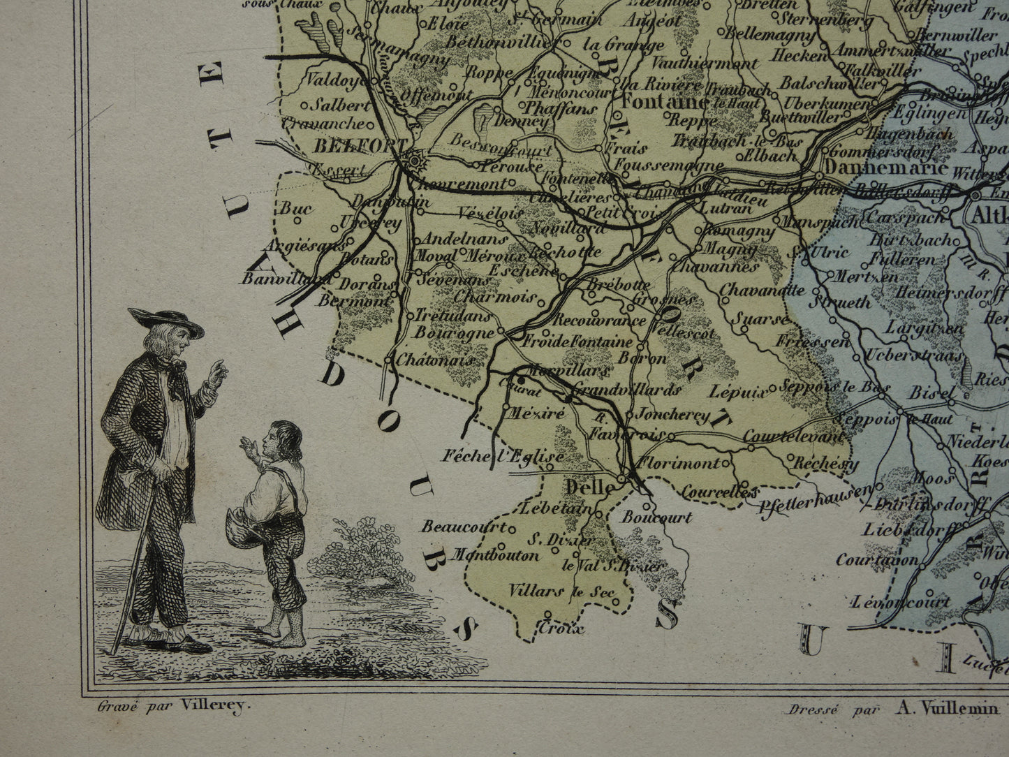 Haut-Rhin Frankrijk Oude kaart uit 1870 originele antieke handgekleurde landkaart Colmar