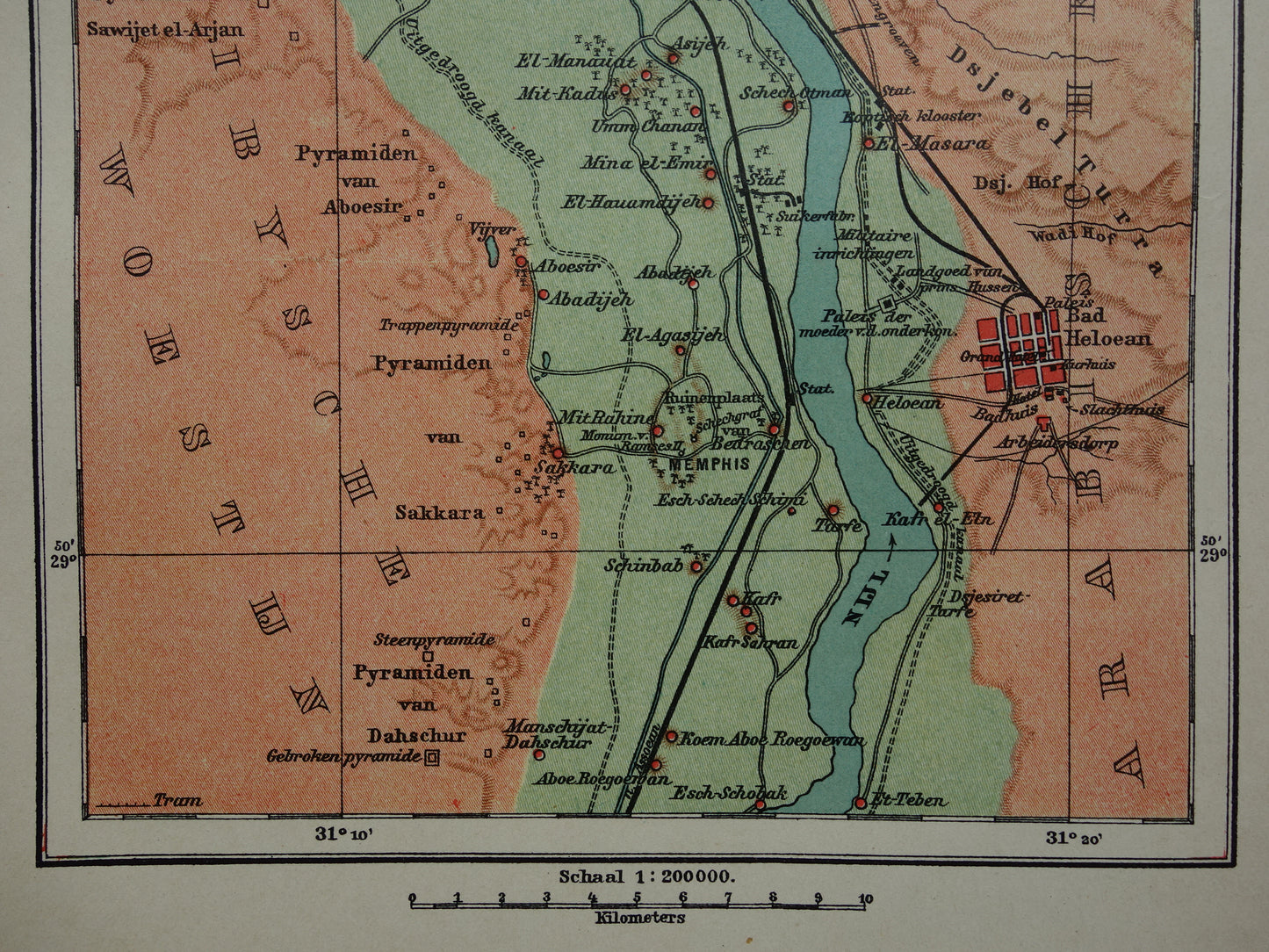 Oude kaart van Caïro Egypte uit 1909 antieke Nederlandse plattegrond van Cairo en de pyramiden