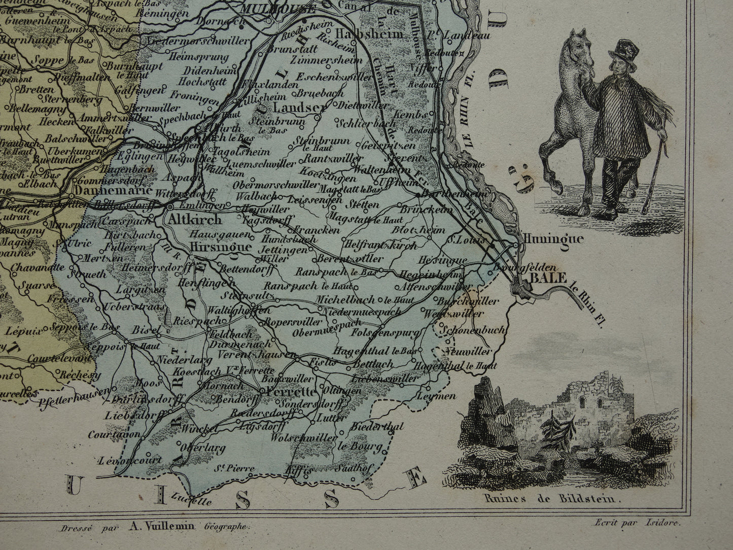 Haut-Rhin Frankrijk Oude kaart uit 1870 originele antieke handgekleurde landkaart Colmar