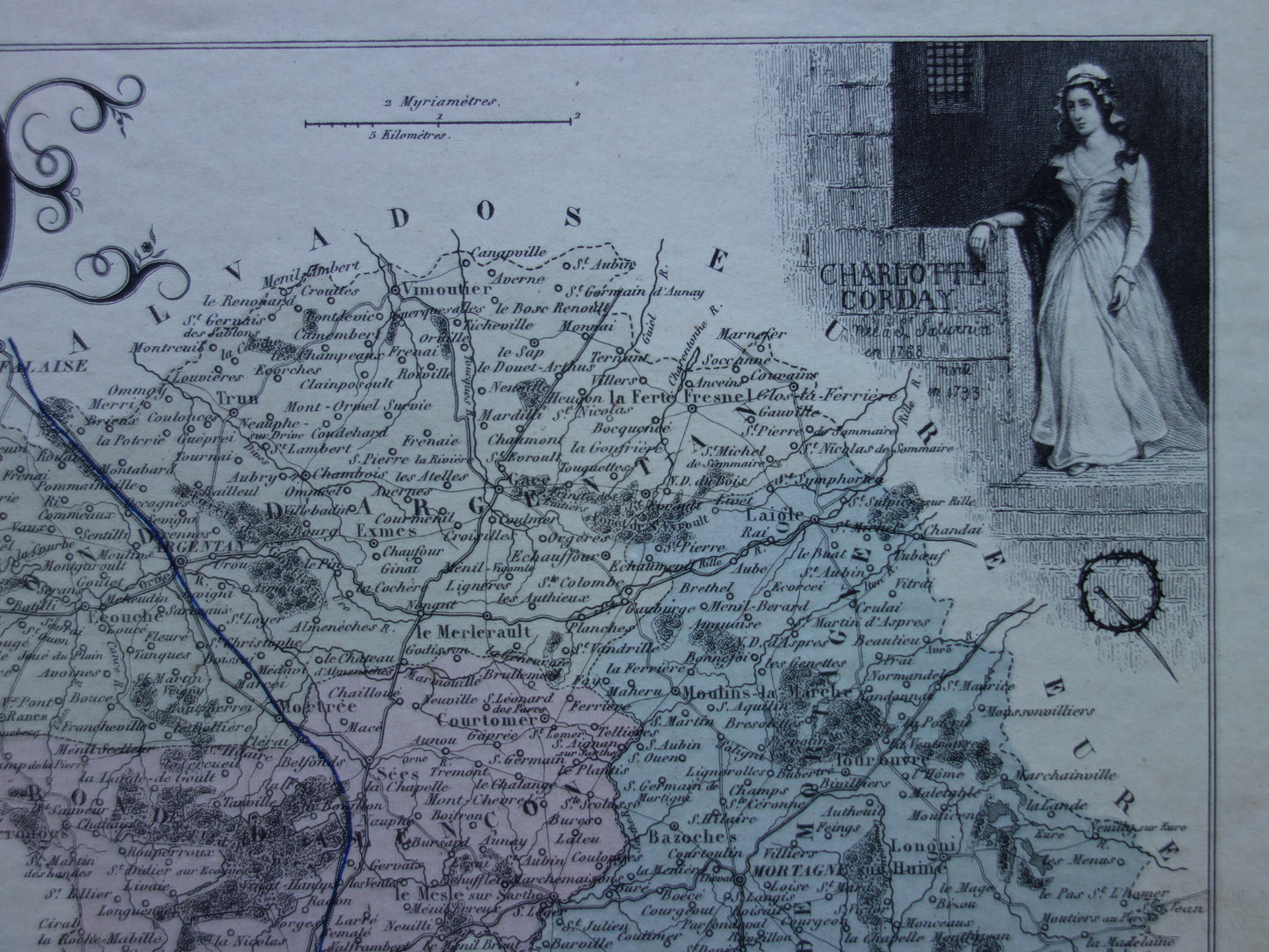 Oude kaart van ORNE departement in Frankrijk uit 1870 originele antieke handgekleurde landkaart Alençon Fiers Argentan Sees