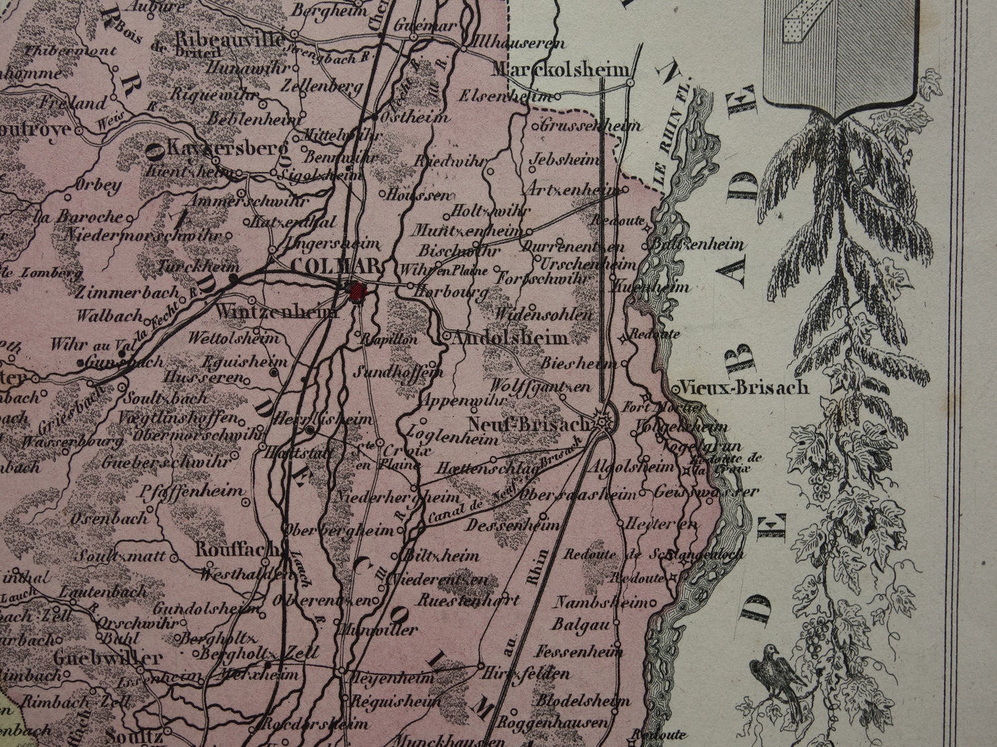 Haut-Rhin Frankrijk Oude kaart uit 1870 originele antieke handgekleurde landkaart Colmar
