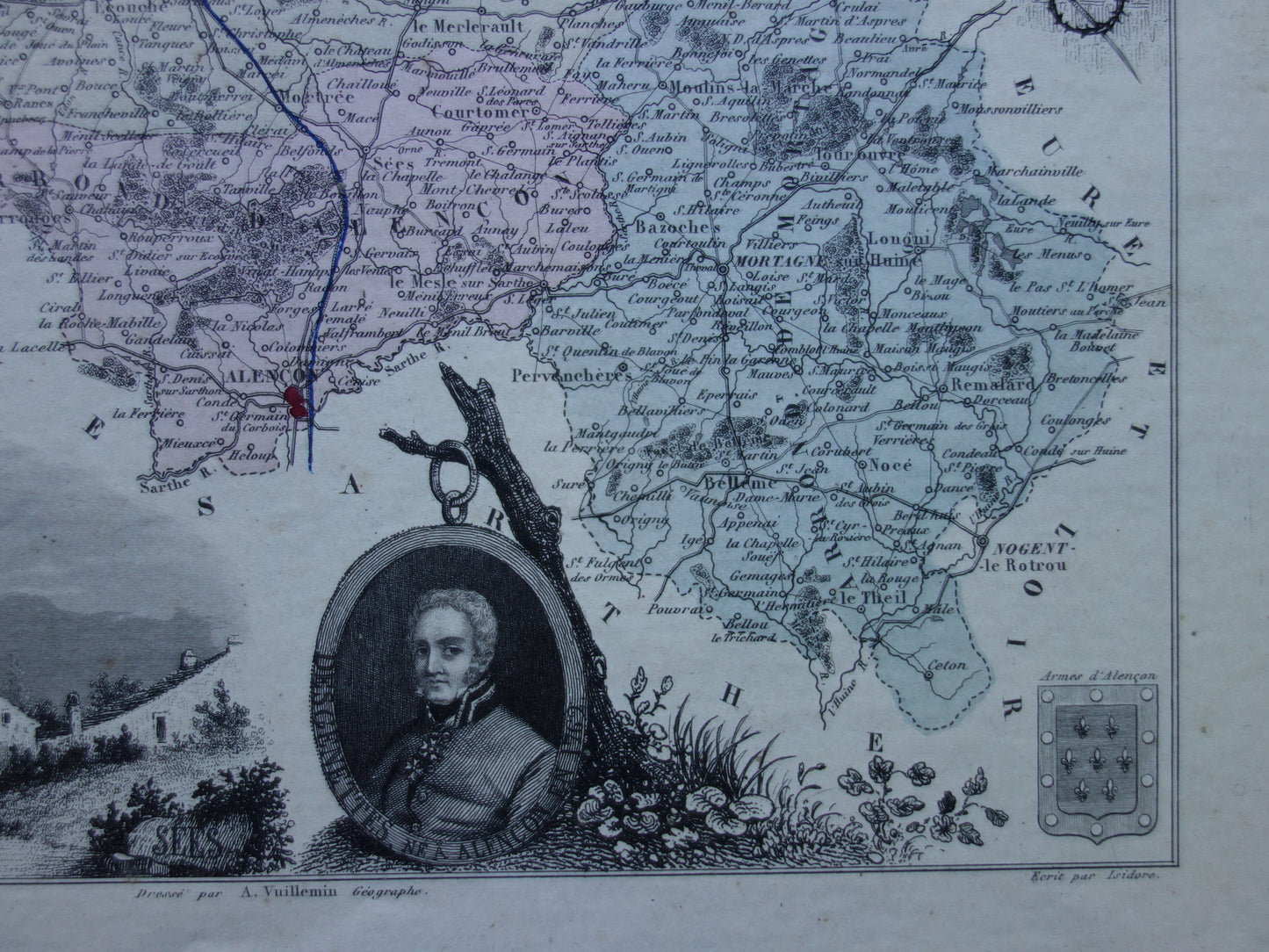 Oude kaart van ORNE departement in Frankrijk uit 1870 originele antieke handgekleurde landkaart Alençon Fiers Argentan Sees