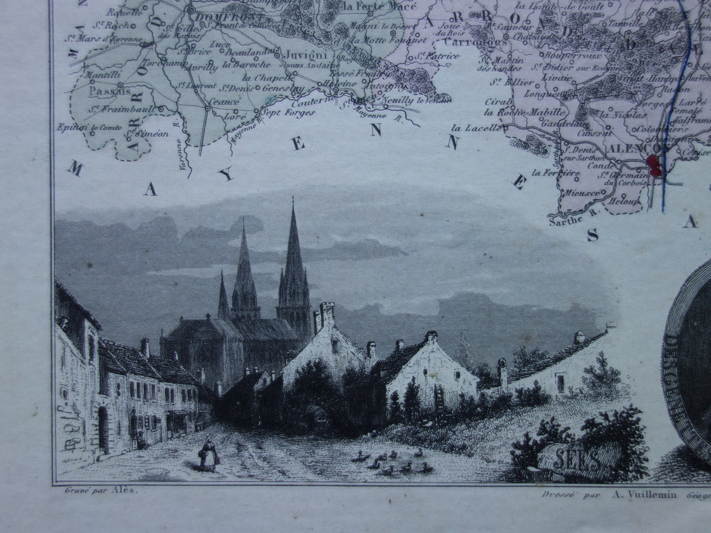 Oude kaart van ORNE departement in Frankrijk uit 1870 originele antieke handgekleurde landkaart Alençon Fiers Argentan Sees