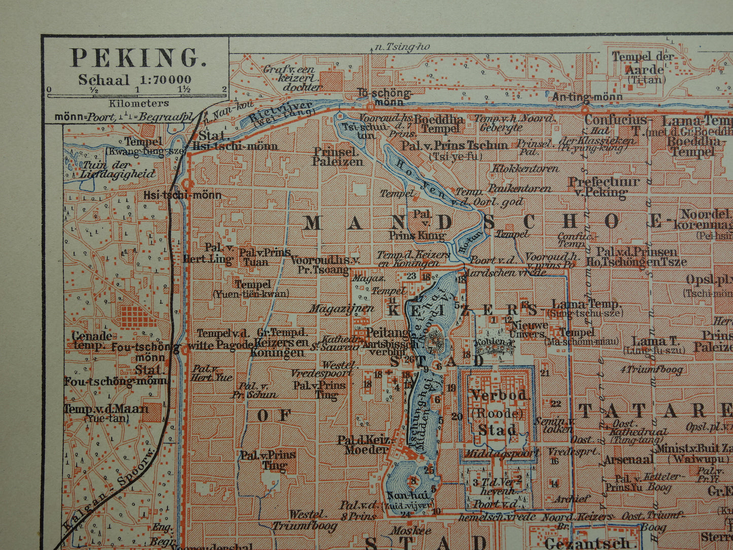 Beijing oude kaart van Peking China 1910 originele antieke Nederlandse kleine plattegrond Verboden Stad
