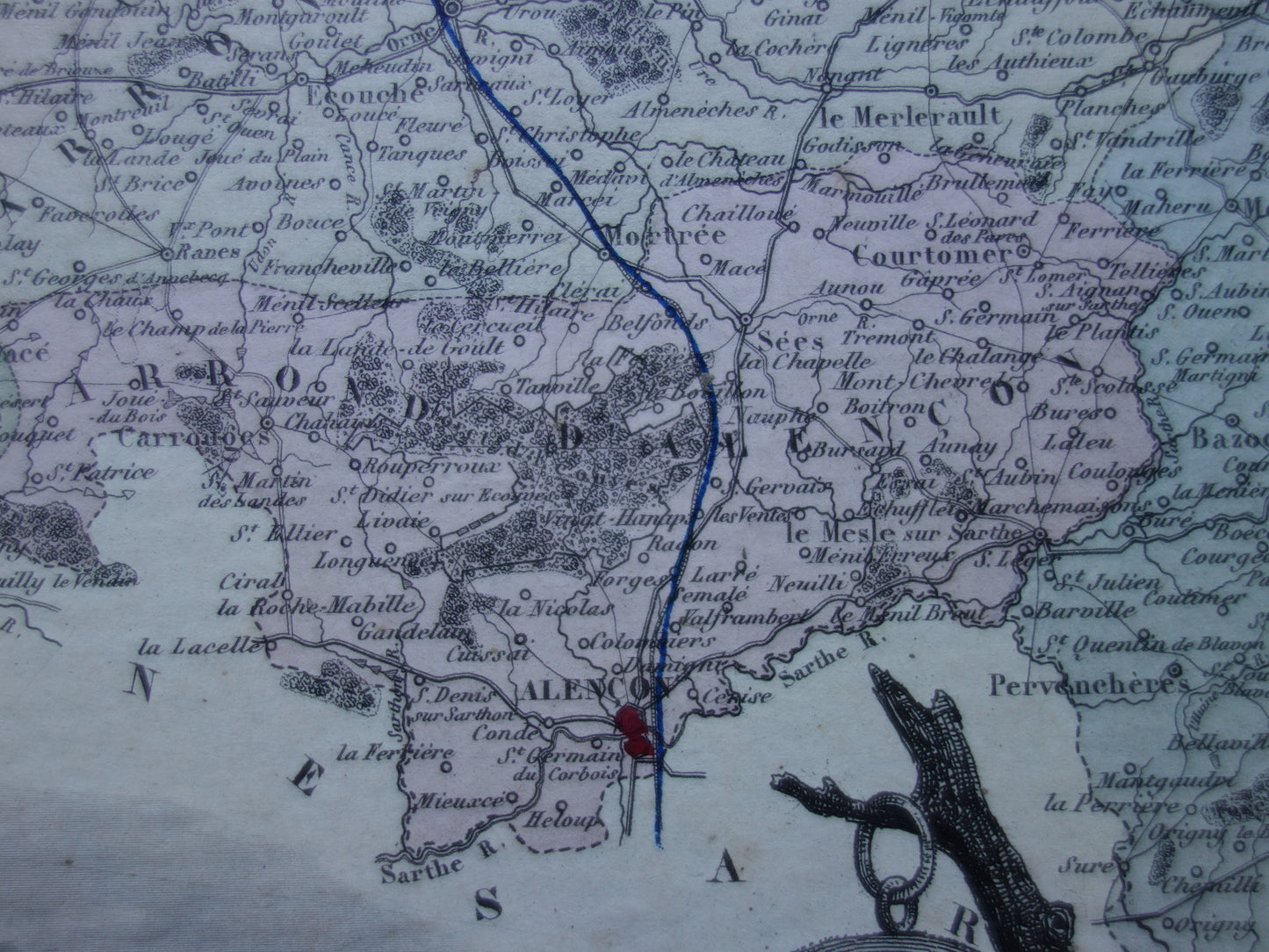 Oude kaart van ORNE departement in Frankrijk uit 1870 originele antieke handgekleurde landkaart Alençon Fiers Argentan Sees