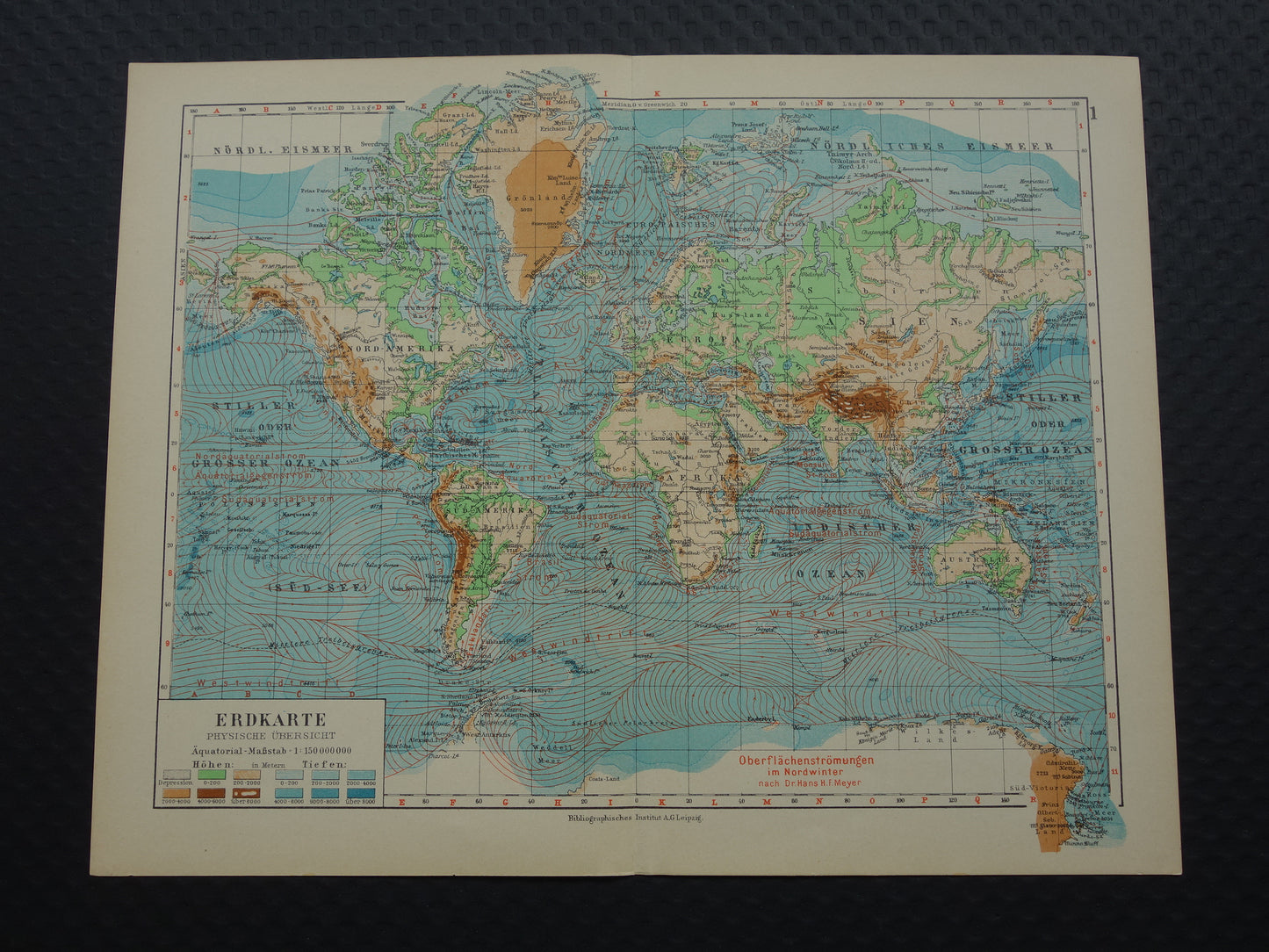 Oude WERELDKAART uit 1931 originele vintage kaart van de wereld - hoogtekaart met zeestromingen