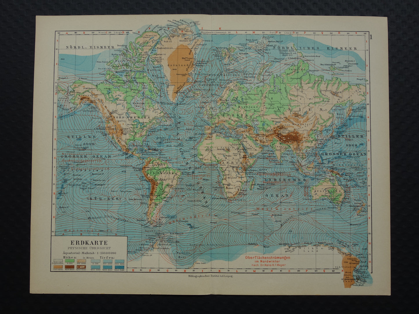 Oude WERELDKAART uit 1931 originele vintage kaart van de wereld - hoogtekaart met zeestromingen