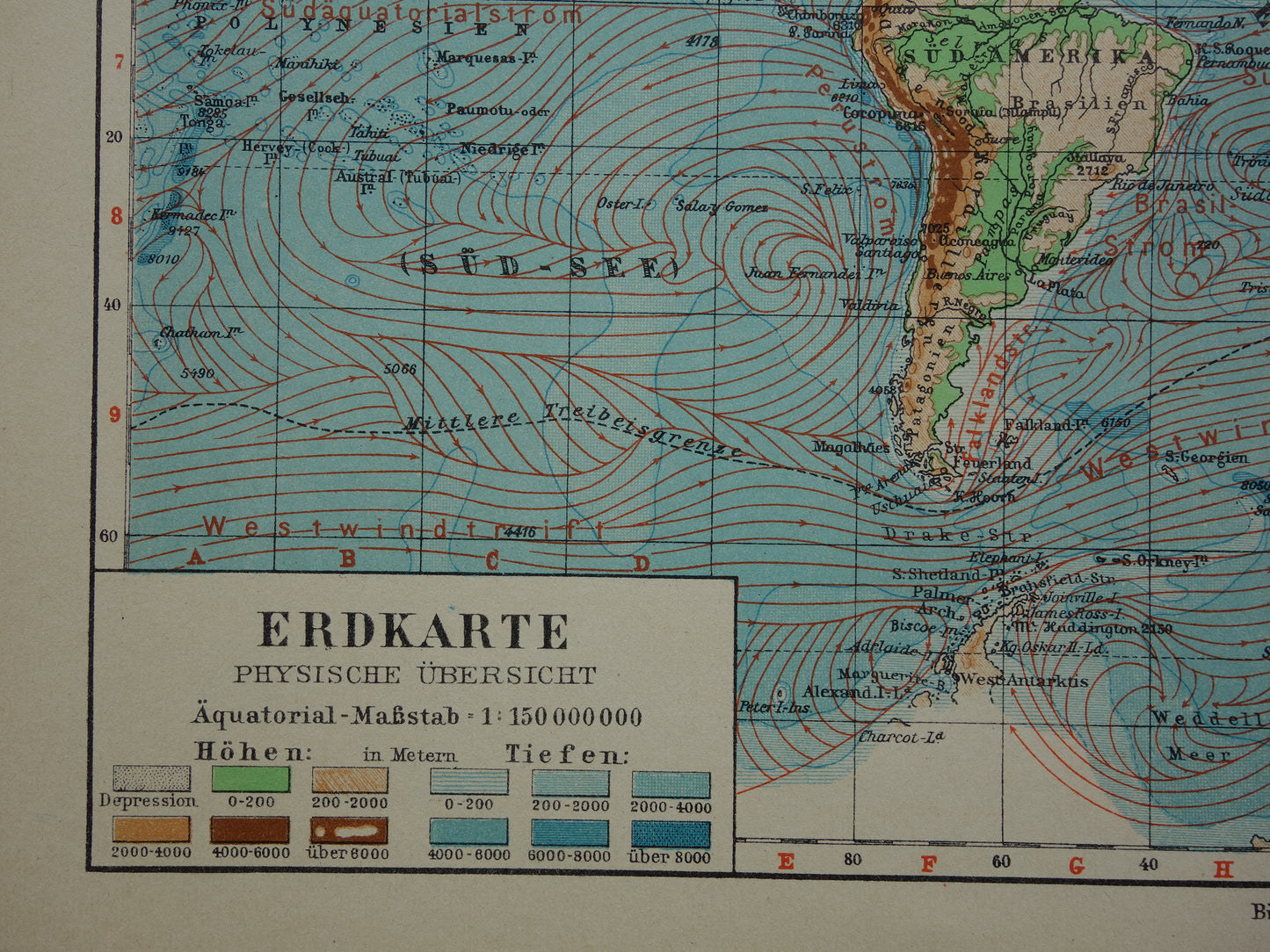 oude fysieke wereldkaart originele vintage kaarten bergen zeestromingen diepten hoogtes hoogten