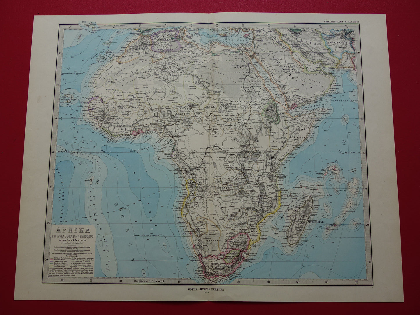 Antieke landkaart van Afrika in 1879 Originele 145+ jaar oude handgekleurde kaart van Afrikaans continent