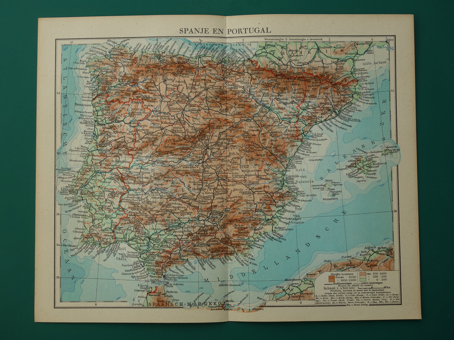 SPANJE Oude kaart uit het jaar 1938 historische Nederlandse landkaart Spanje Portugal vintage kaarten