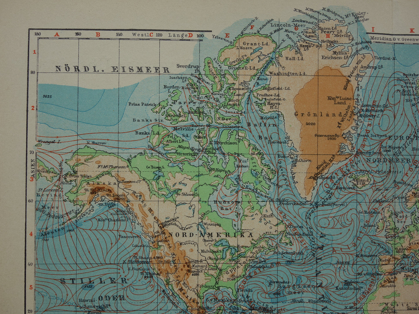Oude WERELDKAART uit 1931 originele vintage kaart van de wereld - hoogtekaart met zeestromingen