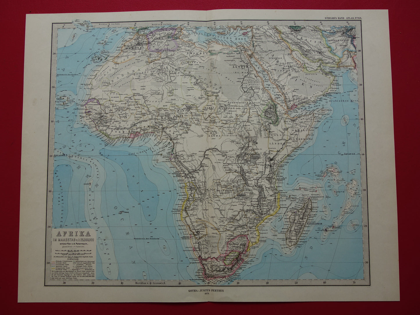 Antieke landkaart van Afrika in 1879 Originele 145+ jaar oude handgekleurde kaart van Afrikaans continent