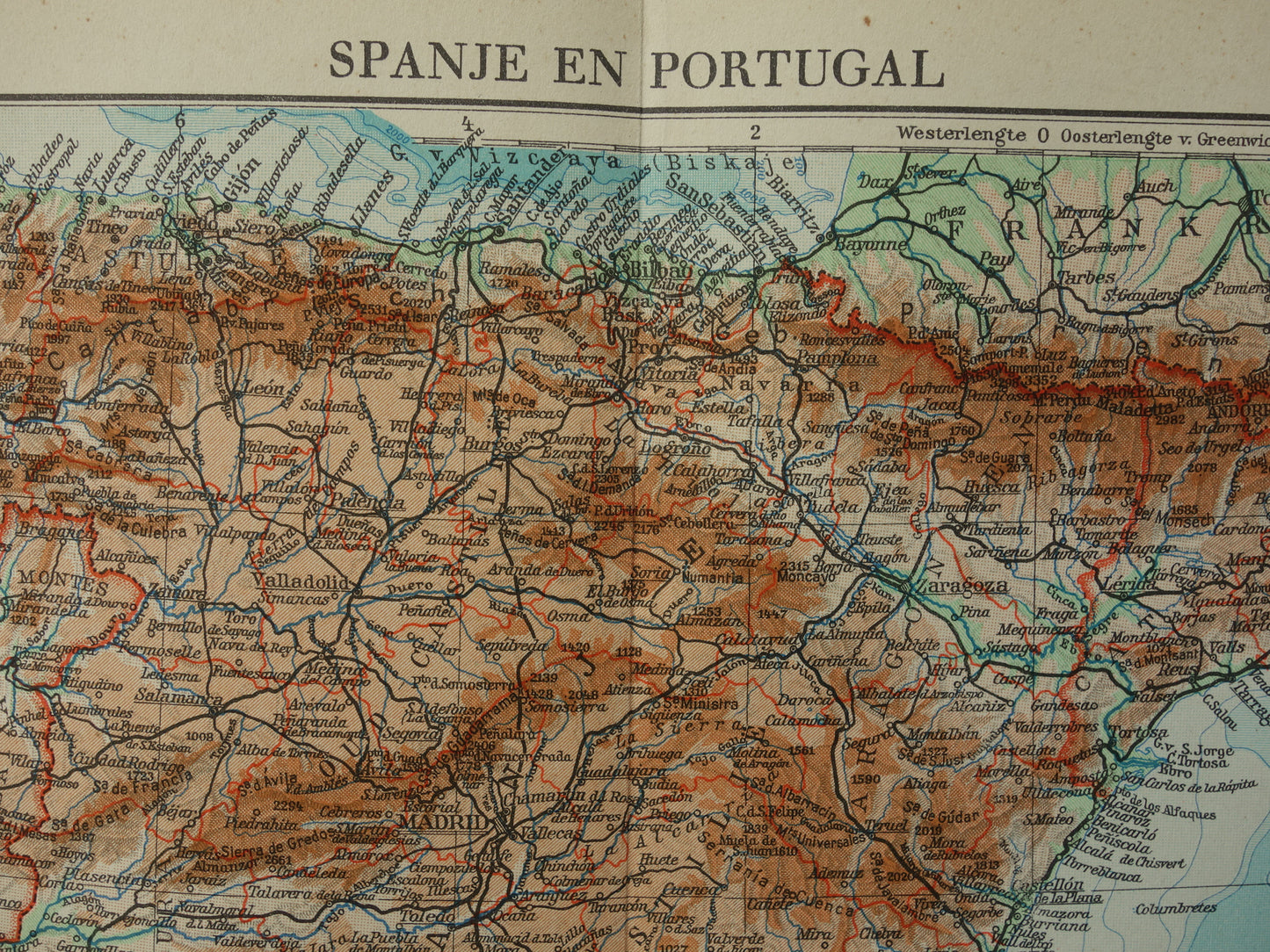 SPANJE Oude kaart uit het jaar 1938 historische Nederlandse landkaart Spanje Portugal vintage kaarten