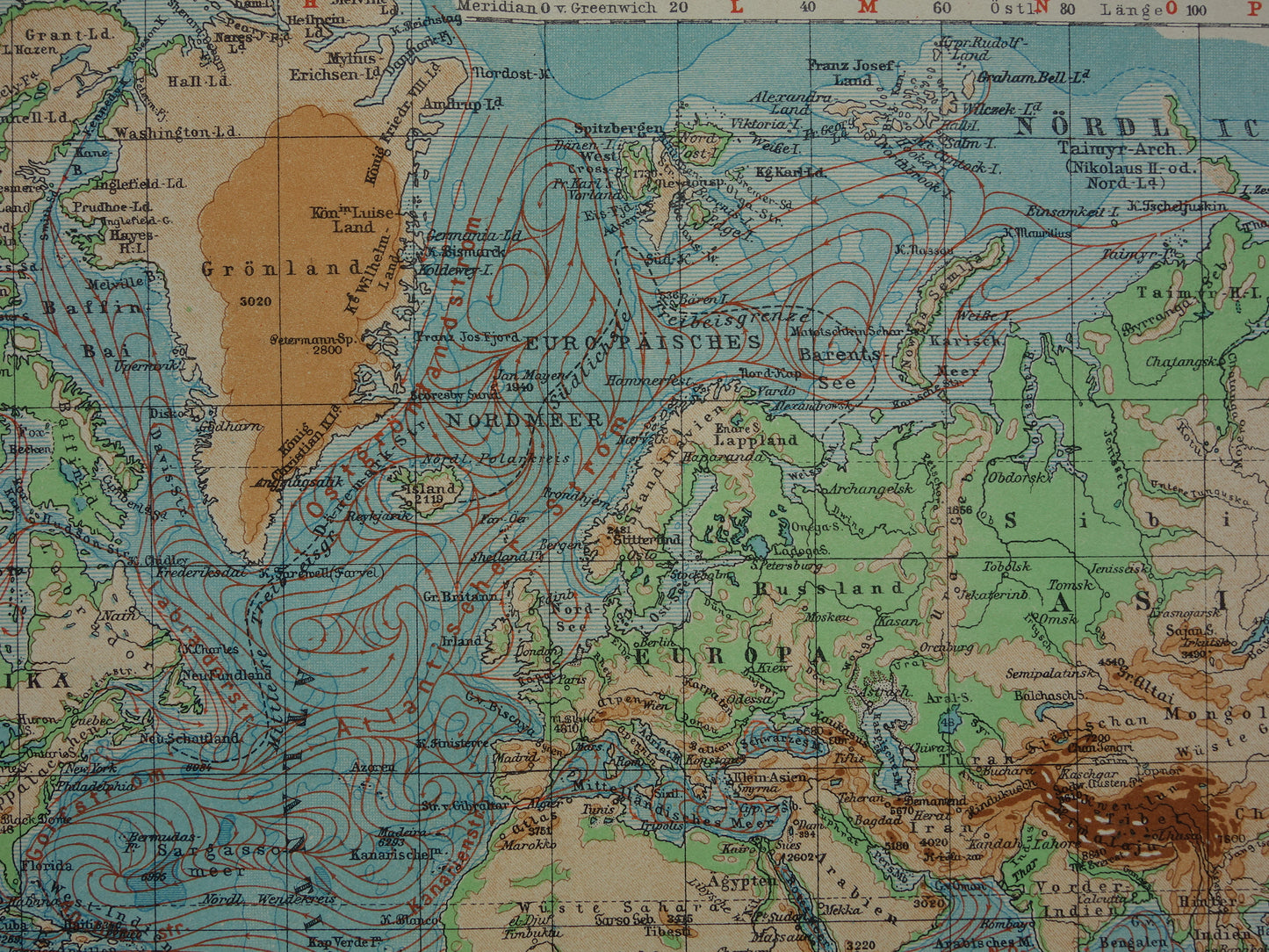 Oude WERELDKAART uit 1931 originele vintage kaart van de wereld - hoogtekaart met zeestromingen