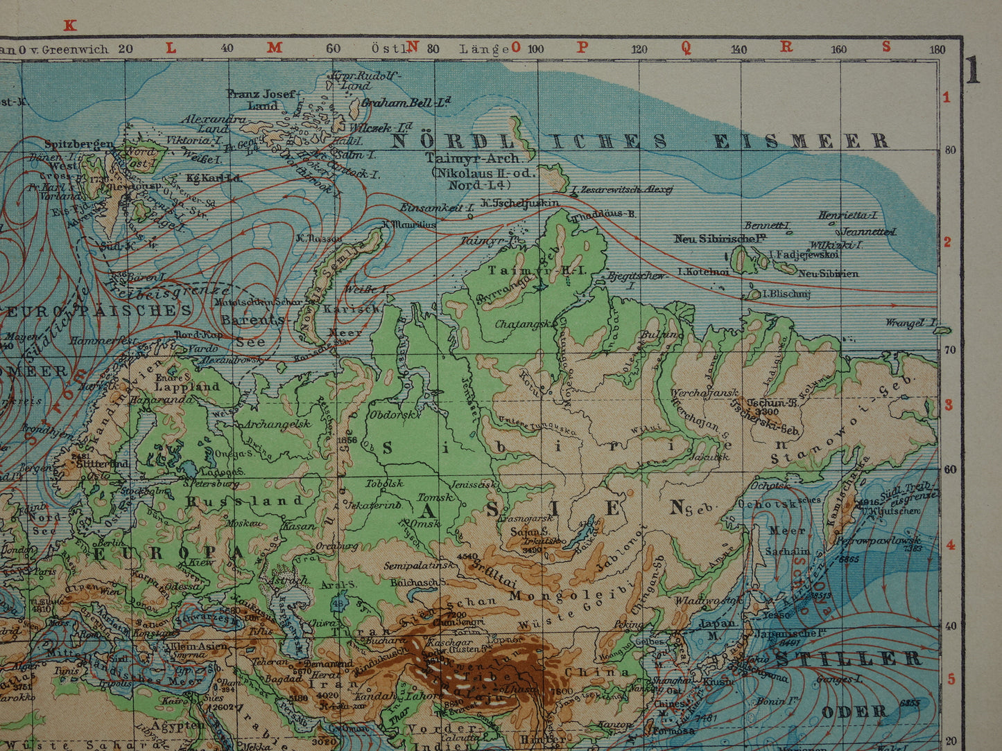 Oude WERELDKAART uit 1931 originele vintage kaart van de wereld - hoogtekaart met zeestromingen